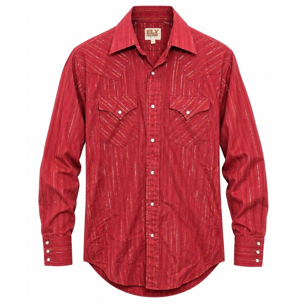 Vintage Ely Cattleman Red Metallic Stripe Pearl Snap Western Shirt Mens 17 35